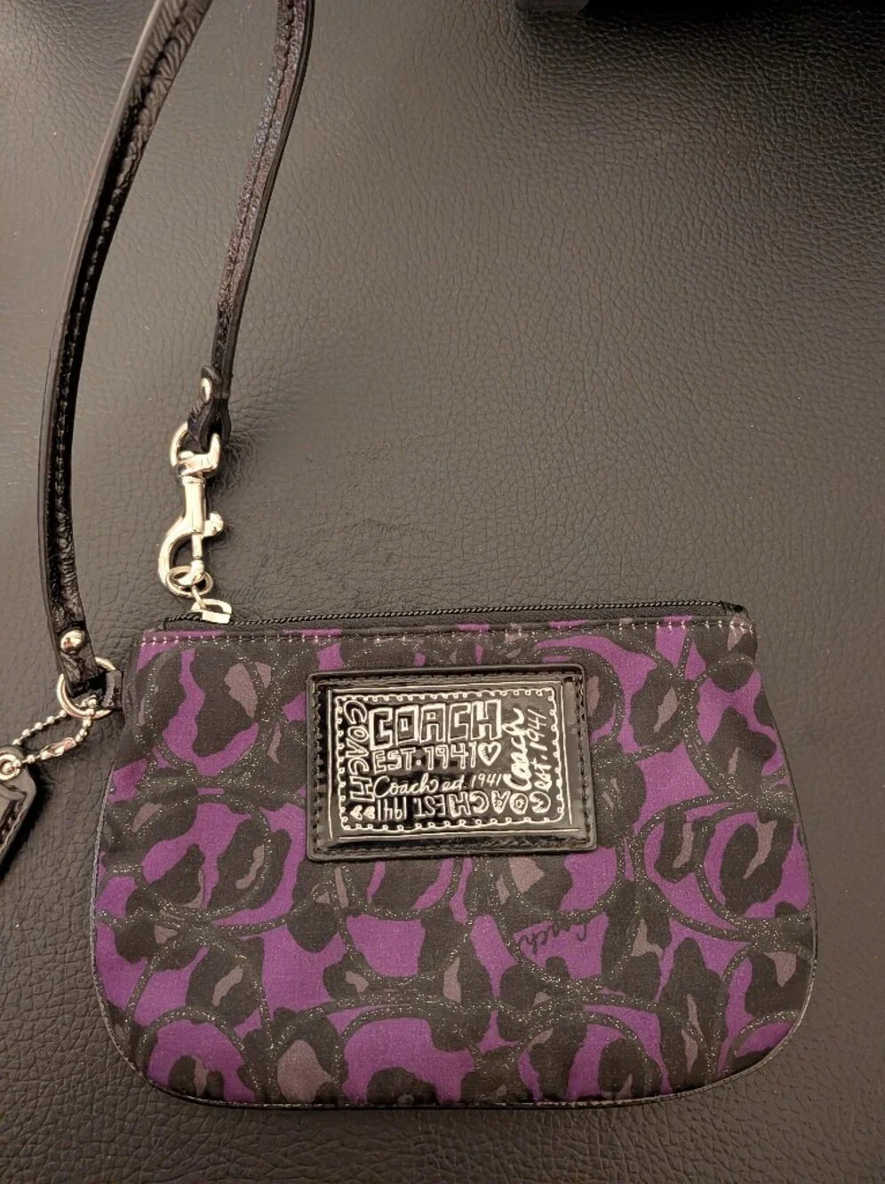 Coach Poppy Purple & Black Signature Wristlet with Logo Patch